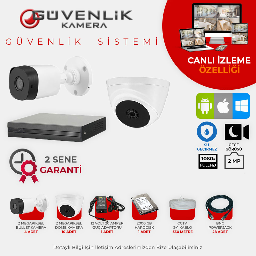 Oem 14 Kameralı 2 MP Gece Görüşlü AHD Güvenlik Kamerası Sistemi