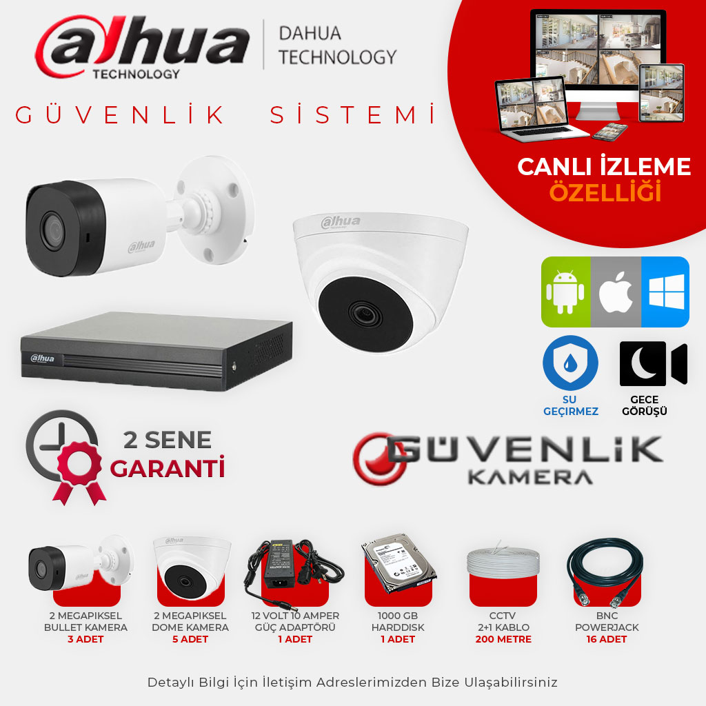 Dahua 8 Kameralı 2 MP Gece Görüşlü AHD Güvenlik Kamerası Sistemi