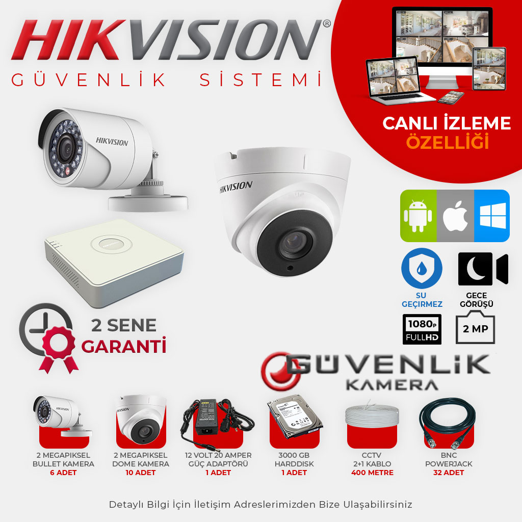 Hikvision 16 Kameralı 2 MP Gece Görüşlü AHD Güvenlik Kamerası Sistemi